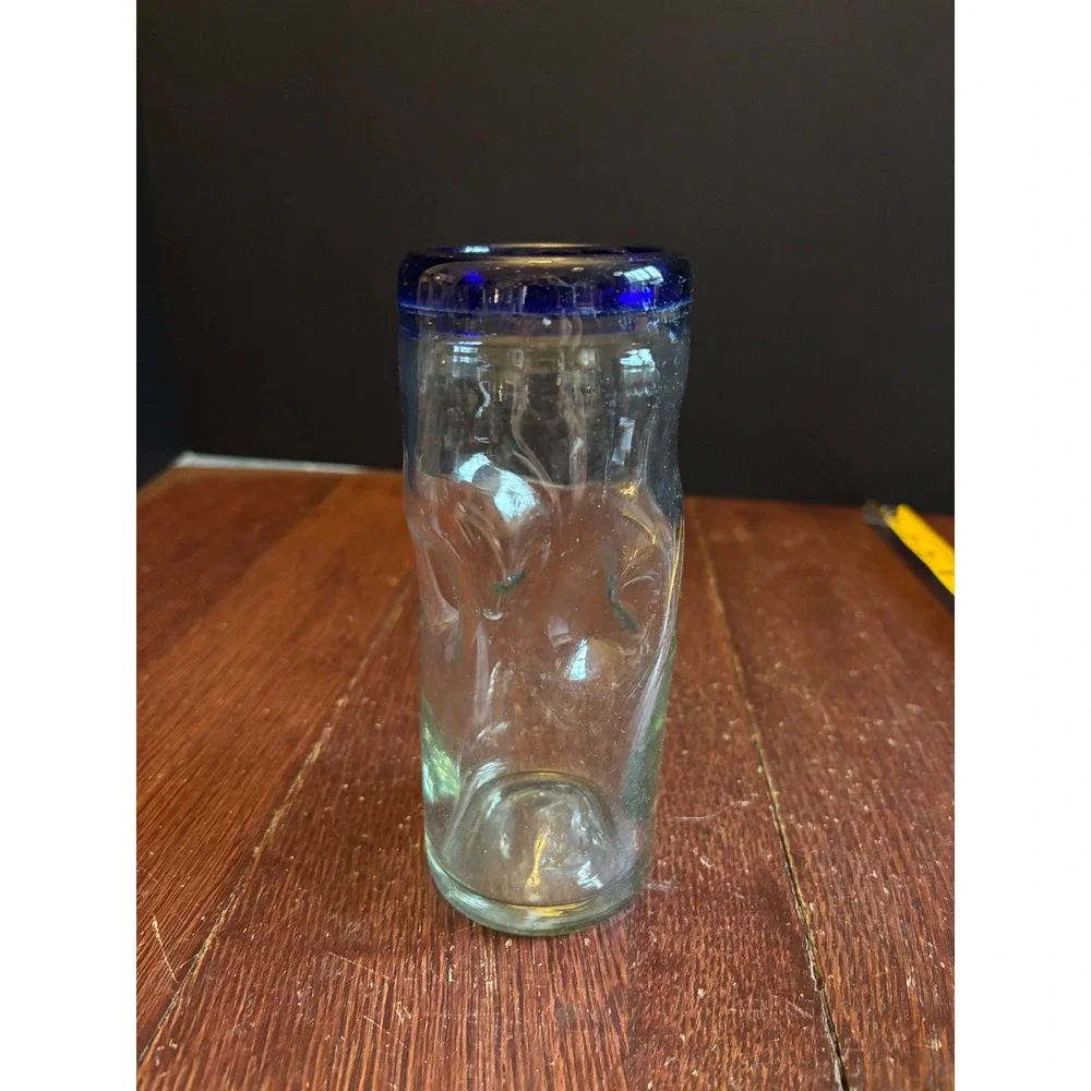 Hand Blown Mexican Glass Cobalt Blue Rim Dimpled Thumbprint Tumbler 6.5